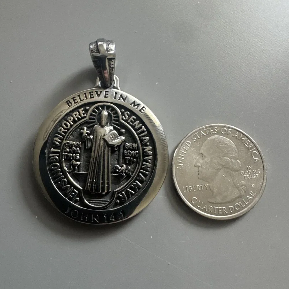 Saint Benedict Plated Pendant 24” Chain Stainless Steel Jesus Christ Silver